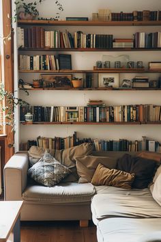 a living room filled with furniture and lots of books on the shelves above it's head