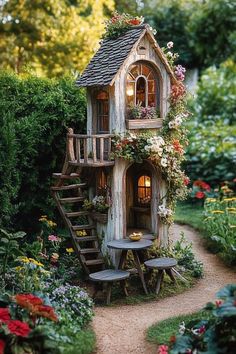 a little house made out of wood and flowers