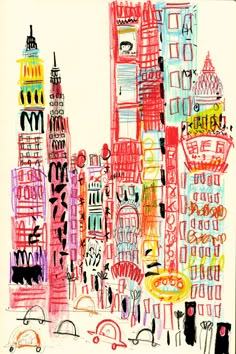 a drawing of a city with tall buildings and lots of colorful crayons on it