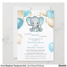 an elephant baby shower is shown with balloons and confetti on it's head