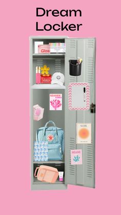 an open locker with items on it and the words dream locker written in pink above