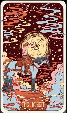 the rider tarot card with an image of a man on a horse and clouds in the background