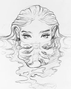 a drawing of a woman's face with her hair blowing in the wind and water