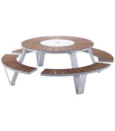 an outdoor table with four benches and a round table in the middle, on a white background