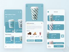 three mobile screens showing different types of coffees and drinks on the same screen, one with