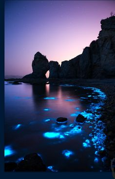 some rocks and water with blue lights on them