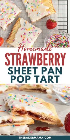 homemade strawberry sheet pan pop tart with white frosting and sprinkles