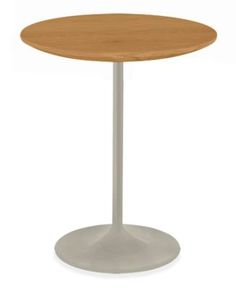 a round wooden table with a metal base on an isolated white background, viewed from the front