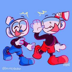 two cartoon characters are dancing together on a blue background