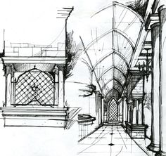 a drawing of a building with arches and pillars on the ground, along with other architectural drawings