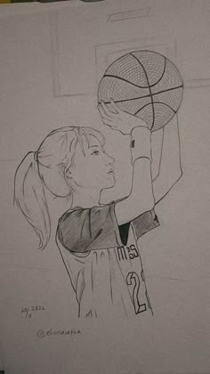 a drawing of a girl holding a basketball in her right hand and looking up at the ball