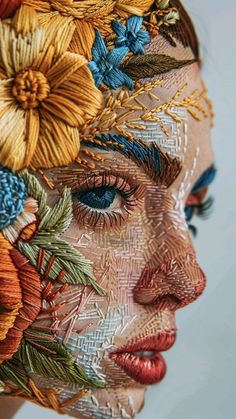 a woman's face is covered in embroidered fabric