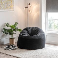 a bean bag chair sitting on top of a rug next to a potted plant