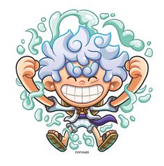 an image of a cartoon character with blue hair in the air and water coming out of his head