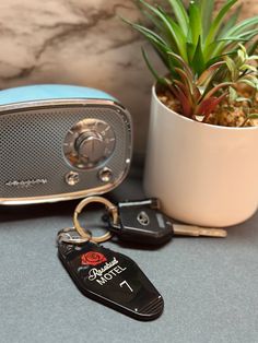 there is a radio, car keys and a plant on the table next to it