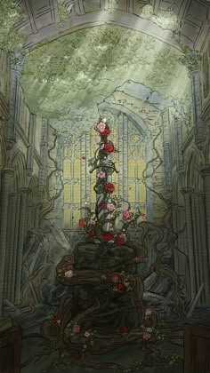 a drawing of a tower with roses on it in the middle of a room filled with windows