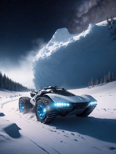 an image of a futuristic vehicle driving through the snow in front of a mountain at night