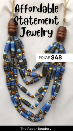 Affordable statement jewelry that's comfortable and lightweight. That's what you get with handmade paper bead jewelry. Each piece is distinct and is a wearable piece of art. Buy eco-friendly, sustainable, paper bead jewelry. FREE SHIPPING #fashionjewelry #makingastatement #fungiftsforwomen Blue Jewelry With Wooden Beads, Paper Bead Necklace, Paper Beads Necklace, Womens Jewelry Trends, Paper Bead Jewelry, Boho Layering, Colorful Paper, Cool Gifts For Women, Paper Beads