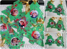 christmas tree ornaments made out of green paper and gold ribbon, with pictures on them