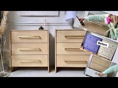 two children's dressers with different drawers and one child holding a bottle in their hand