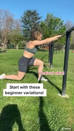 a woman doing squats on a bench in the park with text reading, start with these beginner variations