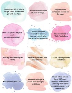 some pink and blue watercolors with words on them