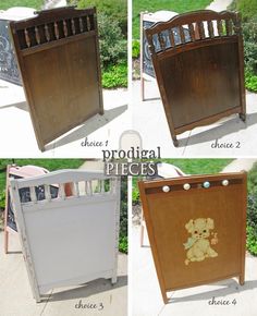 four different pictures of an old crib with teddy bears painted on the doors and sides