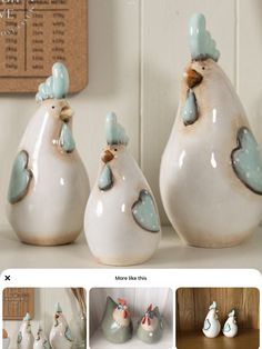 three ceramic chickens sitting next to each other on a table with pictures and text above them