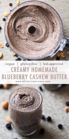 an overhead view of a creamy homemade blueberry cashew butter