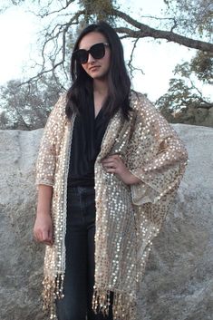 Light Gold Round Sequin Caftan Kimono Party Top Duster One size Oversized Kimono, Sequin Kimono, Shrug Cardigan, Kimono Sleeves, Boho Tunics, Gold Sequins, Gold Sequin, Party Tops, Cardigan Tops