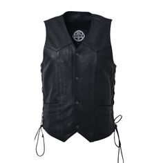 This leather outerwear boasts a western style with V-neck. It includes a side licing and various pockets. It’s also less expensive than a comparable down vest and noticeably lower-profile - affordable option for all. Features: 1-1.2mm Drum Dyed Naked Cowhide Classic four snap closure Interior cellphone pocket on left hand side Mesh lining with easy access panels for patches and embroideries Single back panel Two horizontal pockets Two concealed carry pockets with bullet snaps and tapered holster Winter Leather Vest For Biker Events, Winter Biker Vest With Pockets, Leather Vest Jacket For Fall Biker Events, Sleeveless Leather Outerwear For Biker Events, Winter Biker Events Vest Outerwear, Western Leather Vest For Fall, Fall Biker Vest Outerwear, Fall Biker Vest, Leather Vest Jacket For Fall