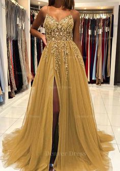 A Line V Neck Spaghetti Straps Sweep Train Tulle Prom Dress Outfits For Women With Beading Sequins Split Stunning Prom Dresses, Prom Dress Inspiration, Cute Prom Dresses, Long Prom Dresses, Pretty Prom Dresses, Custom Size Dresses, Grad Dresses, Prom Outfits, Tulle Prom Dress