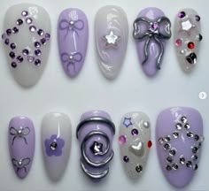 Nail Art Press On Nails, Nails Inspiration With Charms, Amazon Press On Nails, Purple 3d Nails, Cute Nail Designs Charms, Nails Design With Charms, Girly Gel Nails, Purple Gel X Nails, Nail Art Purple Designs