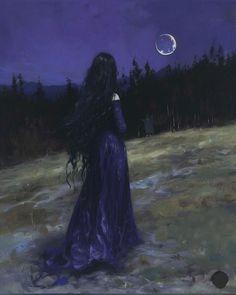 a painting of a woman in a purple dress looking at the moon