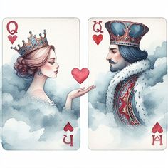 two playing cards with the same queen and prince on them, one holding a heart