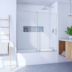 a bathroom with white walls and tile flooring, a wooden ladder stands next to the bathtub