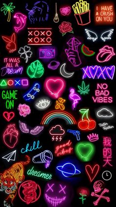 various neon signs and symbols on a black background