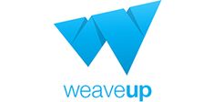 the logo for weaveup is blue and has an image of a letter w on it