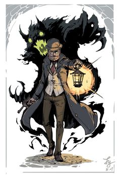 a drawing of a man in a coat and hat holding a lantern with his hand