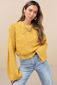 Getting compliments on your winter looks is easy with the Lulus Toasty Cuteness Mustard Yellow Cropped Crochet Sweater! Soft and stretchy sweater knit shapes long, flaring sleeves with drop shoulders and a crew neckline. Bodice boasts a chic crochet panel (with a sheer effect) at the front, and finishes at a cropped hem. Ribbed knit trims the neckline, cuffs, and hem. Fit: This garment fits true to size. Length: Size medium measures 18.5" from shoulder to hem. Bust: Great for any cup size. Waist Cropped Crochet Sweater, Boho Womens Clothing, Crochet Panel, Mustard Yellow Sweater, Yellow Knit Sweater, Chic Crochet, Pretty Orange, Casual Formal Dresses, Sheer Clothing