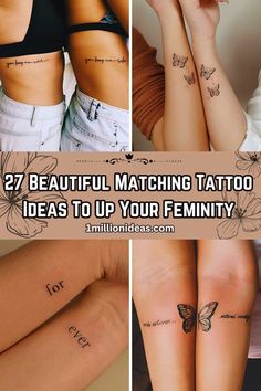 four different pictures with tattoos on their legs and the words 27 beautiful matching tattoo ideas to up your feminity