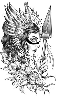 a drawing of a woman with wings on her head holding a sculler and sunflowers