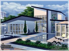 an artist's rendering of a modern house with pool and lounge chairs in the foreground