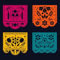 four different colored paper cut outs with skulls and flowers in the shape of sugar skulls