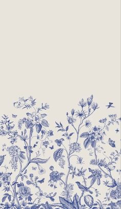 a blue and white wallpaper with birds, flowers and plants on it's side