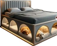 a bed with two dogs sleeping in it