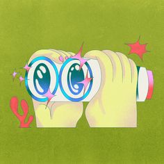 a hand holding a pair of binoculars looking into the sky with two eyes drawn on it