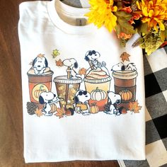 Cute Design ! Custom Made And Will Ship Within A Few Days! On Gildan Unisex Short Sleeve Sublimation Ink Design Check Out My Page For More Designs Fall Tshirt Outfits, Cute Thanksgiving Shirts, Fall Shirt Designs, Cute T Shirts For Women, Fall Teacher Shirts, Fall T Shirts, Fall Tshirt Designs, Snoopy Cute, Fall Graphic Tees