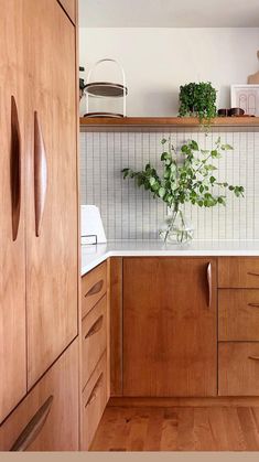 a kitchen with wooden cabinets and white tile backsplashing, plants on the counter