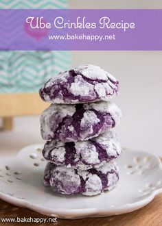 purple and white cookies stacked on top of each other